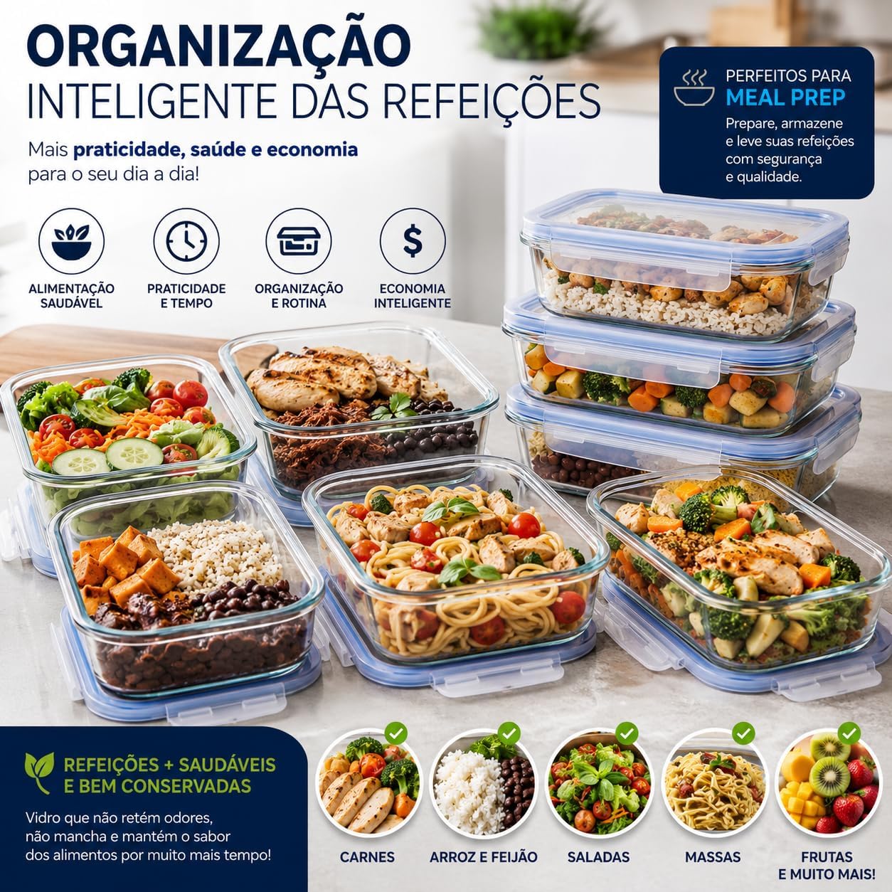 Kit 10 Potes de Vidro Herméticos 640 ml com 4 Travas, Reutilizáveis para Marmita, Forno, Micro-ondas e Freezer IZEHOME