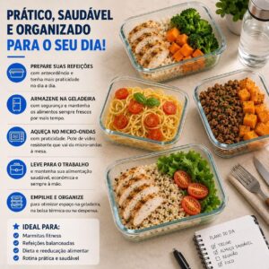 Kit 10 Potes Vidro Borossilicato 370ml Retangular Hermético 4 Travas Freezer Forno Micro-ondas IZELOCK PRO