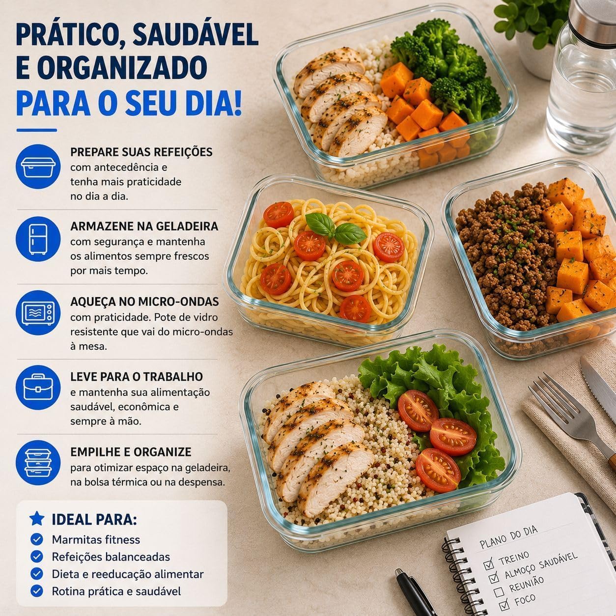 Kit 10 Potes Vidro Borossilicato 370ml Retangular Hermético 4 Travas Freezer Forno Micro-ondas IZELOCK PRO