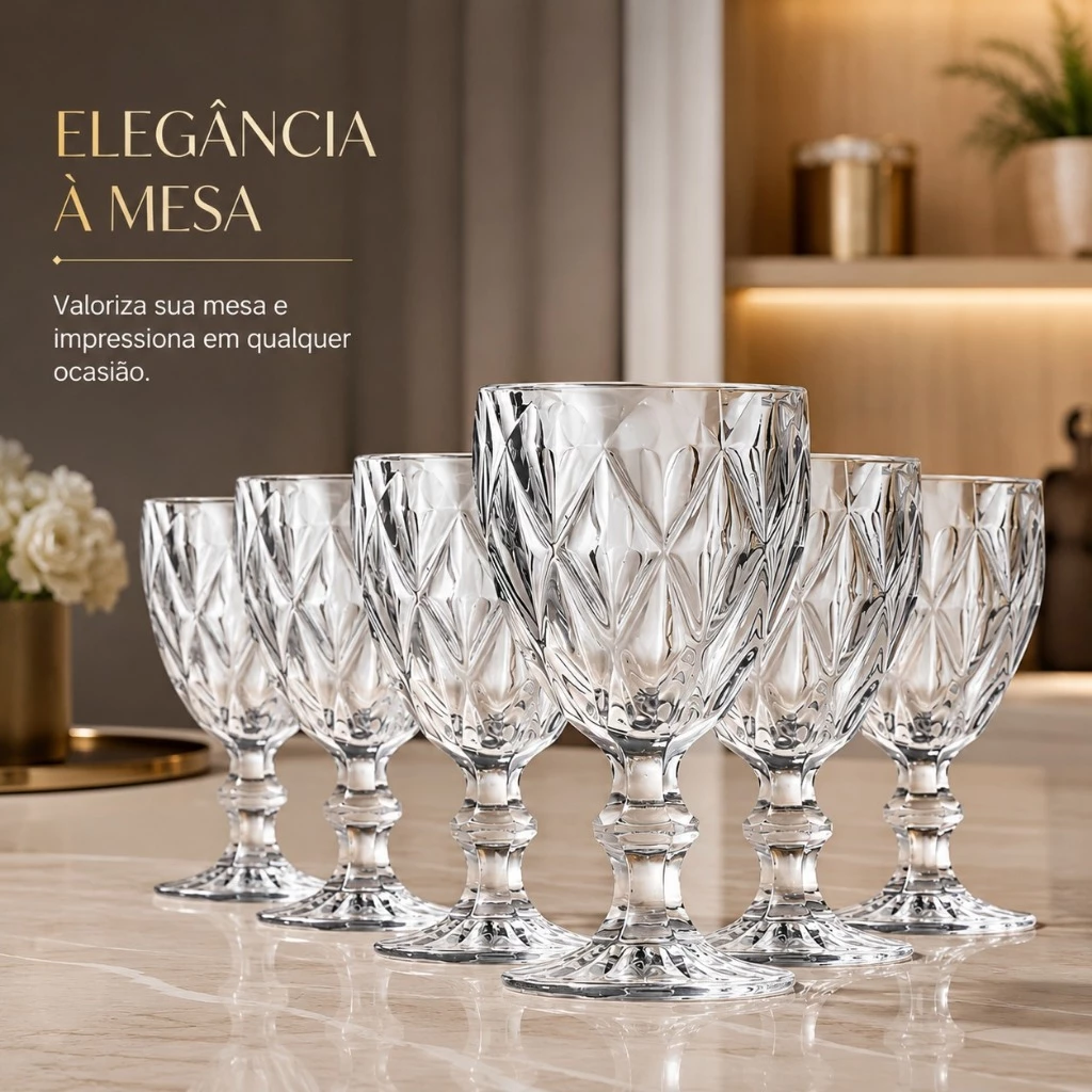 Jogo 6 Taças de Vidro Diamond 340ml Transparente com Relevo Facetado para Drinks, Água e Mesa Posta IZEHOME IZESHOP