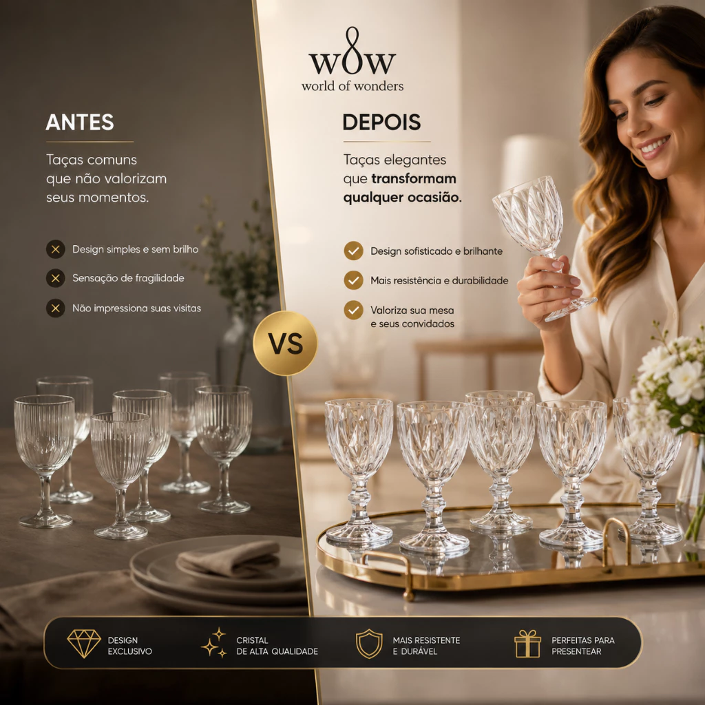 Jogo 6 Taças de Vidro Diamond 340ml Transparente com Relevo Facetado para Drinks, Água e Mesa Posta IZEHOME IZESHOP