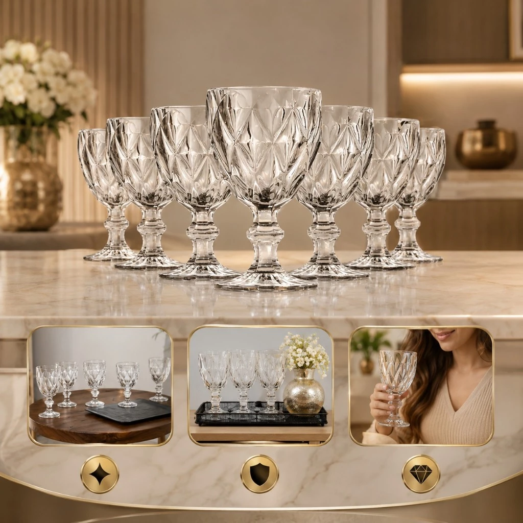 Jogo 6 Taças de Vidro Diamond 340ml Transparente com Relevo Facetado para Drinks, Água e Mesa Posta IZEHOME IZESHOP