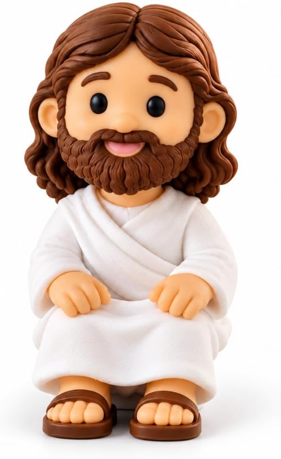 Mini Jesus Sentado Decorativo 3,7 cm em PLA, Roupa Branca e Cabelo Marrom, para Casa ou Trabalho, Presente com Significado IZEHOME
