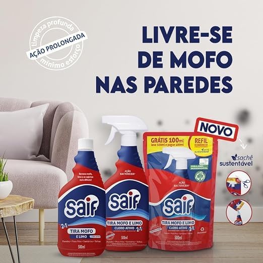 Tira Mofo e Limo Saif Kit Spray 500 ml + Refil 500 ml com Cloro Ativo e Ação Bactericida para Rejuntes e Telhas