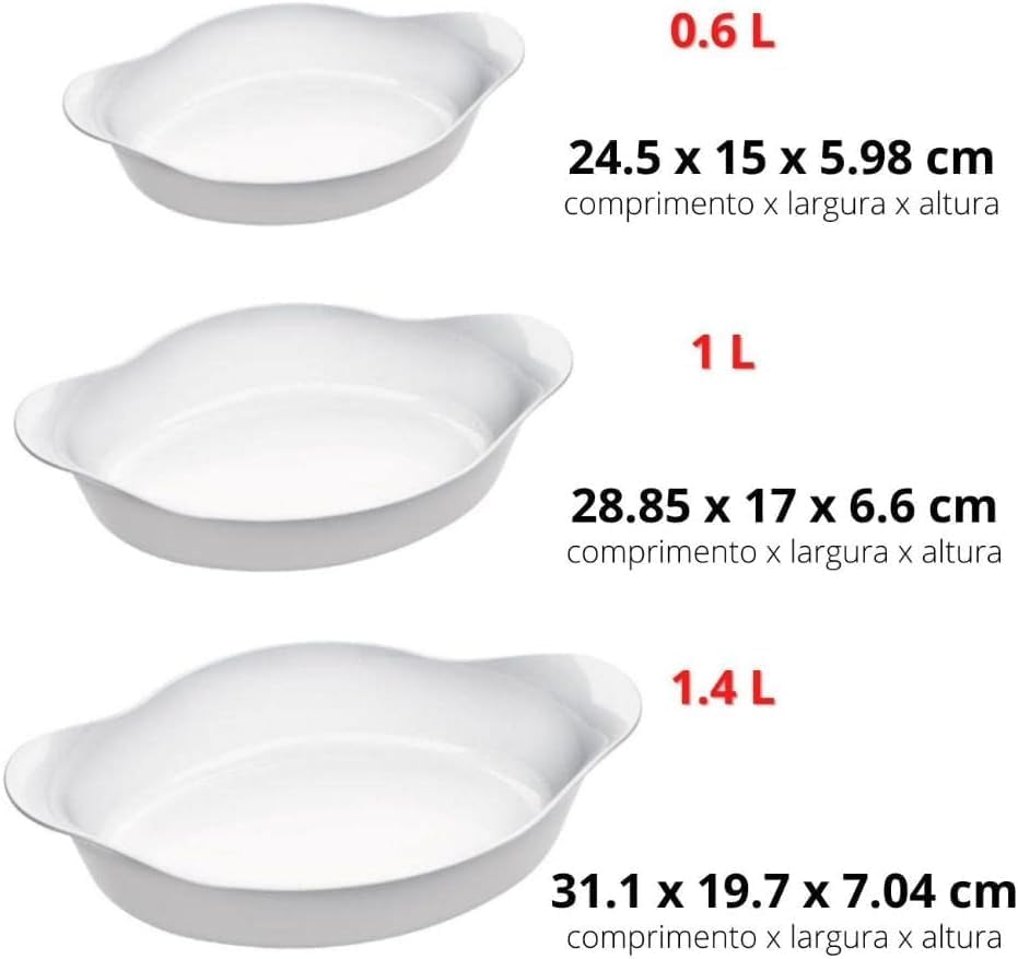 Jogo de Assadeiras Opaline 3 Peças em Vidro Branco, 0,6 L, 1 L e 1,4 L, Ovais com Alças, Forno e Mesa IZECOOK IZESHOP Kit de assadeiras ovais com alças ergonômicas para receitas no dia a dia