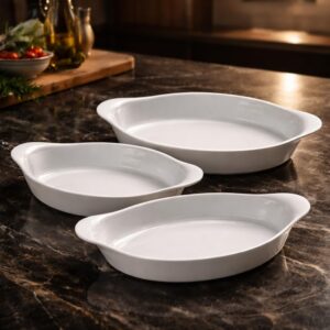 Jogo de Assadeiras Opaline 3 Peças em Vidro Branco, 0,6 L, 1 L e 1,4 L, Ovais com Alças, Forno e Mesa IZECOOK
