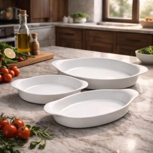Jogo de Assadeiras Opaline 3 Peças em Vidro Branco, 0,6 L, 1 L e 1,4 L, Ovais com Alças, Forno e Mesa IZECOOK Jogo de Assadeiras Opaline 3 Peças em Vidro Branco, 0,6 L, 1 L e 1,4 L, Ovais com Alças, Forno e Mesa IZECOOK