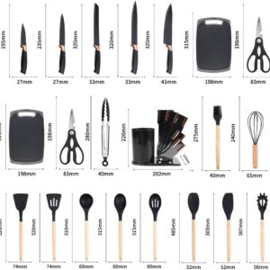 Kit 19 Utensílios de Cozinha em Silicone Preto com Cabo de Madeira, Flexíveis, Resistentes ao Calor e Seguros para Panelas IZECOOK