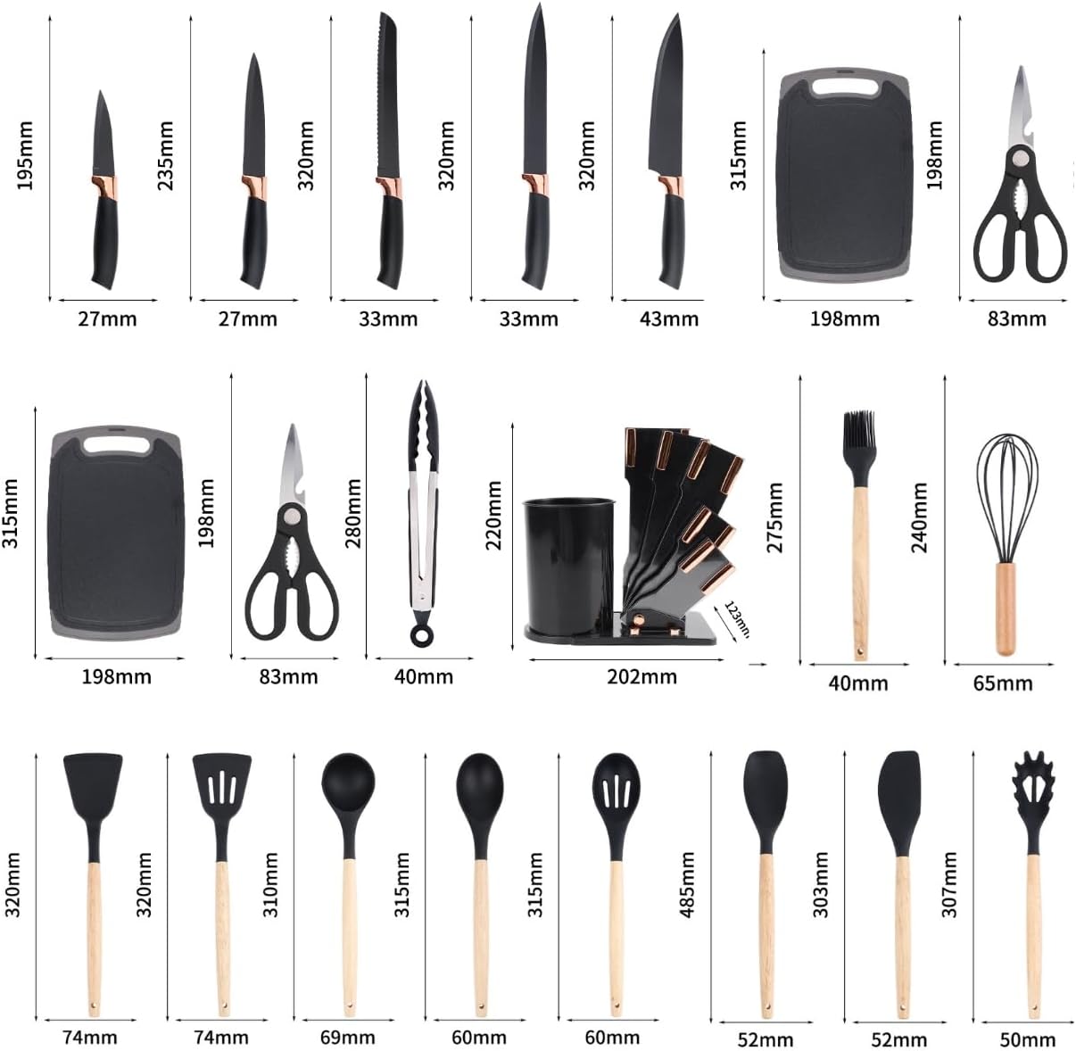 Kit 19 Utensílios de Cozinha em Silicone Preto com Cabo de Madeira, Flexíveis, Resistentes ao Calor e Seguros para Panelas IZECOOK