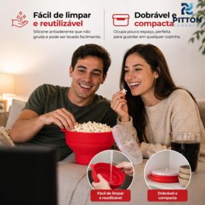Pipoqueira de Silicone para Micro-ondas Dobrável com Tampa, Pipoca sem Óleo, Reutilizável e Fácil de Limpar IZEPOPCORN
