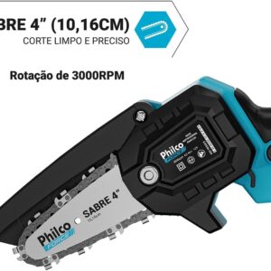 Mini Motosserra Philco Force PMM124 12 V Sabre 4 3000 RPM Bateria de Lítio 7 Acessórios para Jardinagem e Manutenção