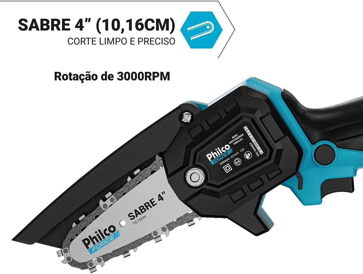 Mini Motosserra Philco Force PMM124 12 V Sabre 4 3000 RPM Bateria de Lítio 7 Acessórios para Jardinagem e Manutenção