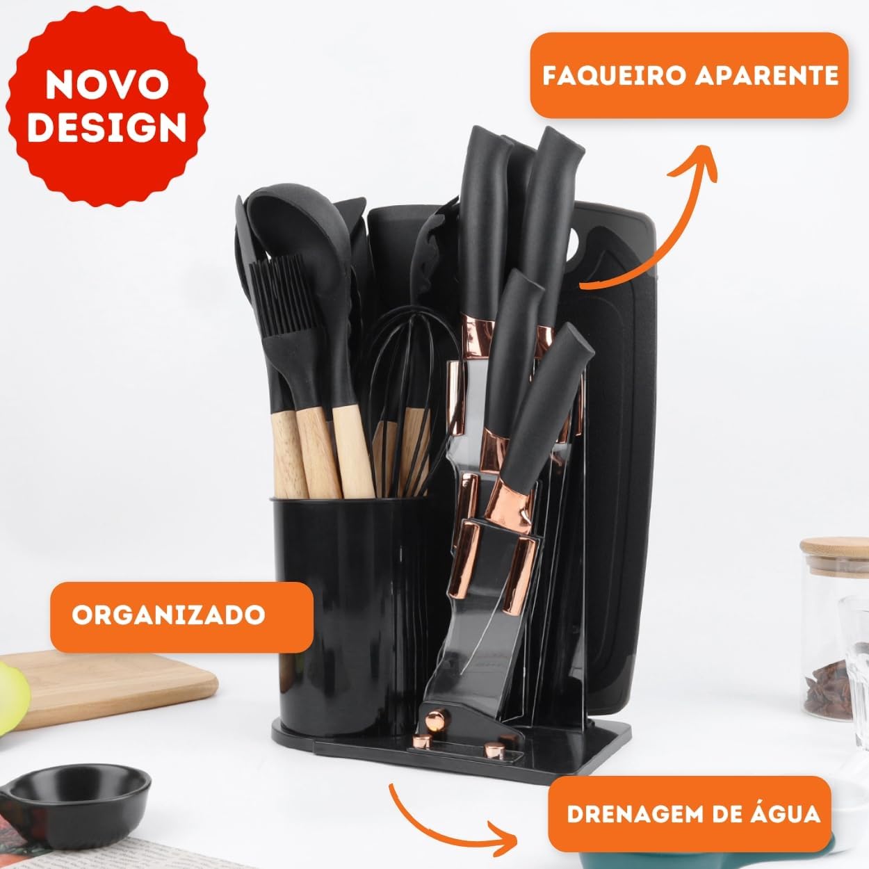 Kit 19 Utensílios de Cozinha em Silicone Preto com Cabo de Madeira, Flexíveis, Resistentes ao Calor e Seguros para Panelas IZECOOK