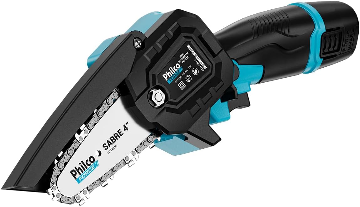 Mini Motosserra Philco Force PMM124 12 V Sabre 4 3000 RPM Bateria de Lítio 7 Acessórios para Jardinagem e Manutenção