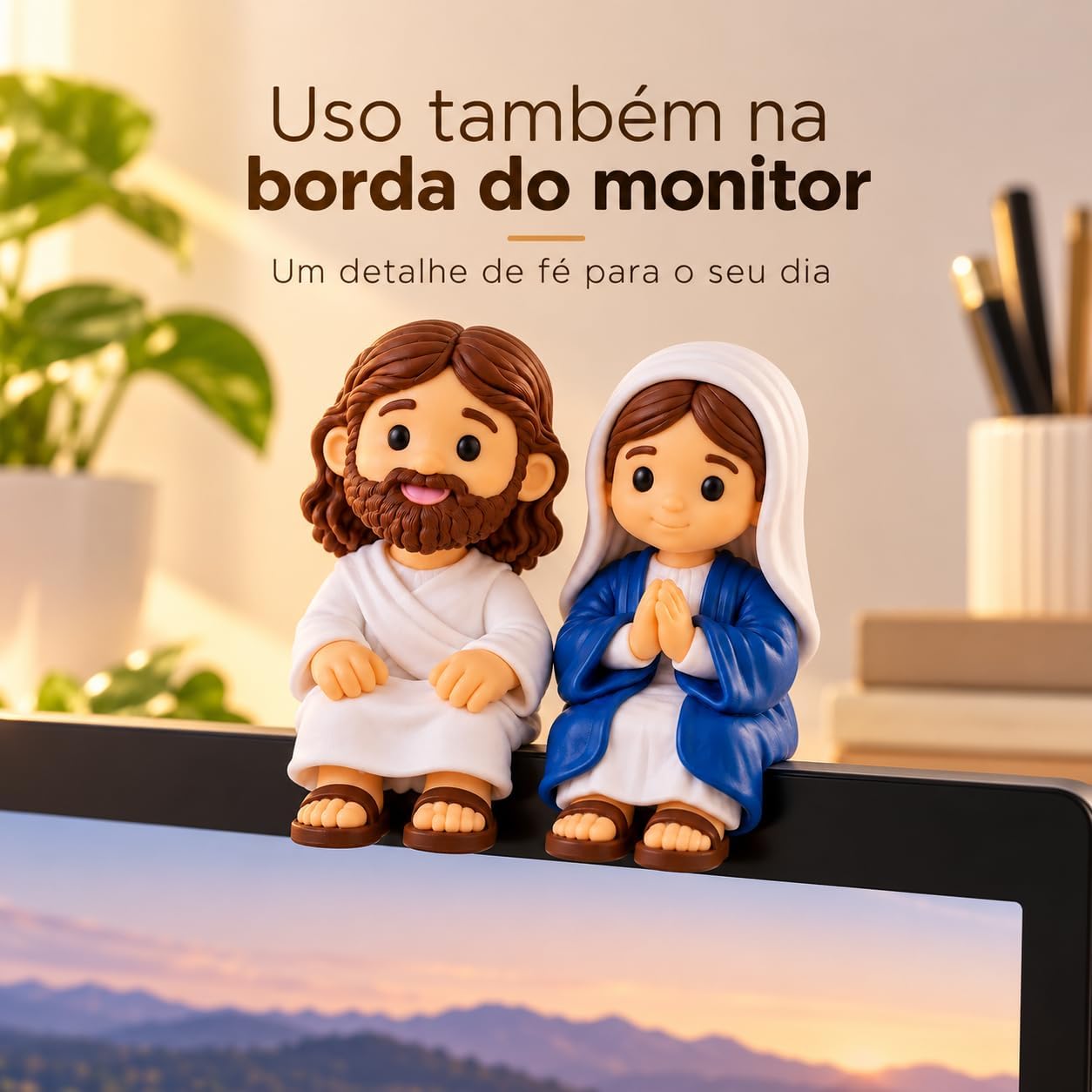 Mini Jesus Sentado Decorativo 3,7 cm em PLA, Roupa Branca e Cabelo Marrom, para Casa ou Trabalho, Presente com Significado IZEHOME