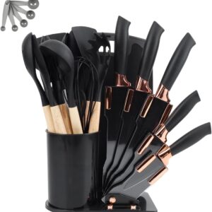 Kit 19 Utensílios de Cozinha em Silicone Preto com Cabo de Madeira, Flexíveis, Resistentes ao Calor e Seguros para Panelas IZECOOK