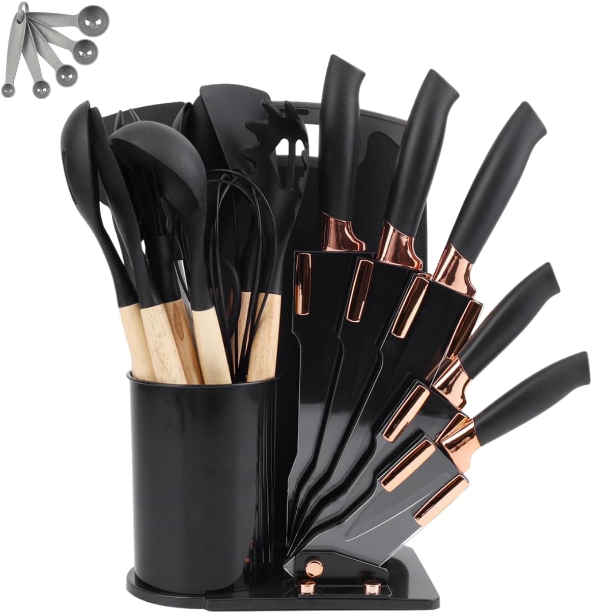 Kit 19 Utensílios de Cozinha em Silicone Preto com Cabo de Madeira, Flexíveis, Resistentes ao Calor e Seguros para Panelas IZECOOK