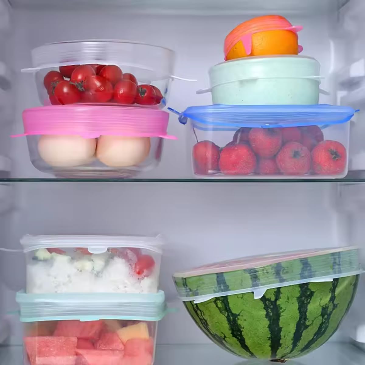 Kit 12 Tampas de Silicone Universal Flexíveis e Herméticas, Livre de BPA, 6 Tamanhos para Potes e Panelas, IZEHOME FLEX IZESHOP Tampas de silicone herméticas vedando potes, tigelas e panelas na cozinha