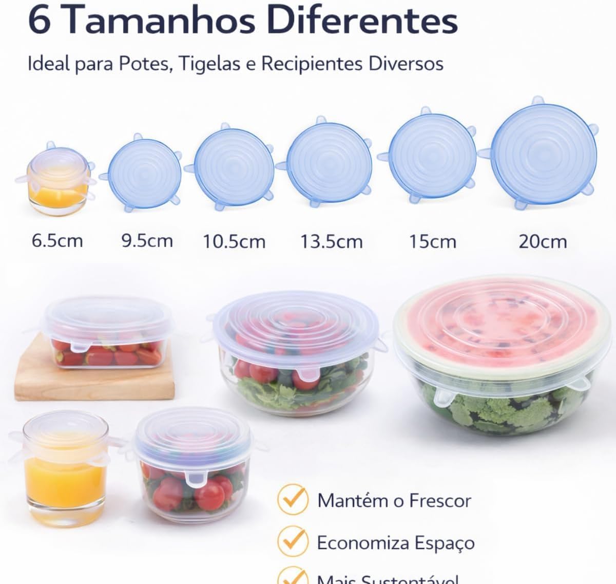 Kit 12 Tampas de Silicone Universal Flexíveis e Herméticas, Livre de BPA, 6 Tamanhos para Potes e Panelas, IZEHOME FLEX IZESHOP Tampas de silicone livre de BPA resistentes ao calor e ao frio para uso diário