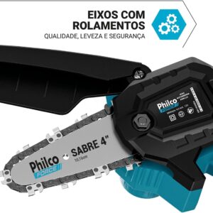Mini Motosserra Philco Force PMM124 12 V Sabre 4 3000 RPM Bateria de Lítio 7 Acessórios para Jardinagem e Manutenção