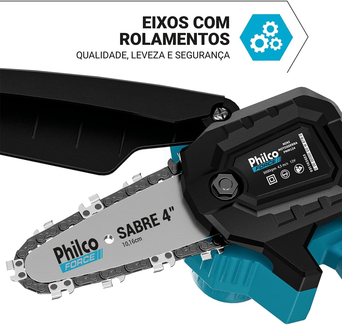 Mini Motosserra Philco Force PMM124 12 V Sabre 4 3000 RPM Bateria de Lítio 7 Acessórios para Jardinagem e Manutenção