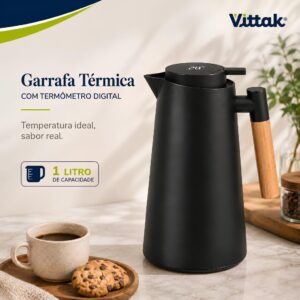Vittak Garrafa Térmica 1 L com Termômetro Digital LED, Isolamento a Vácuo e Sistema Click para Café e Chá, Preta