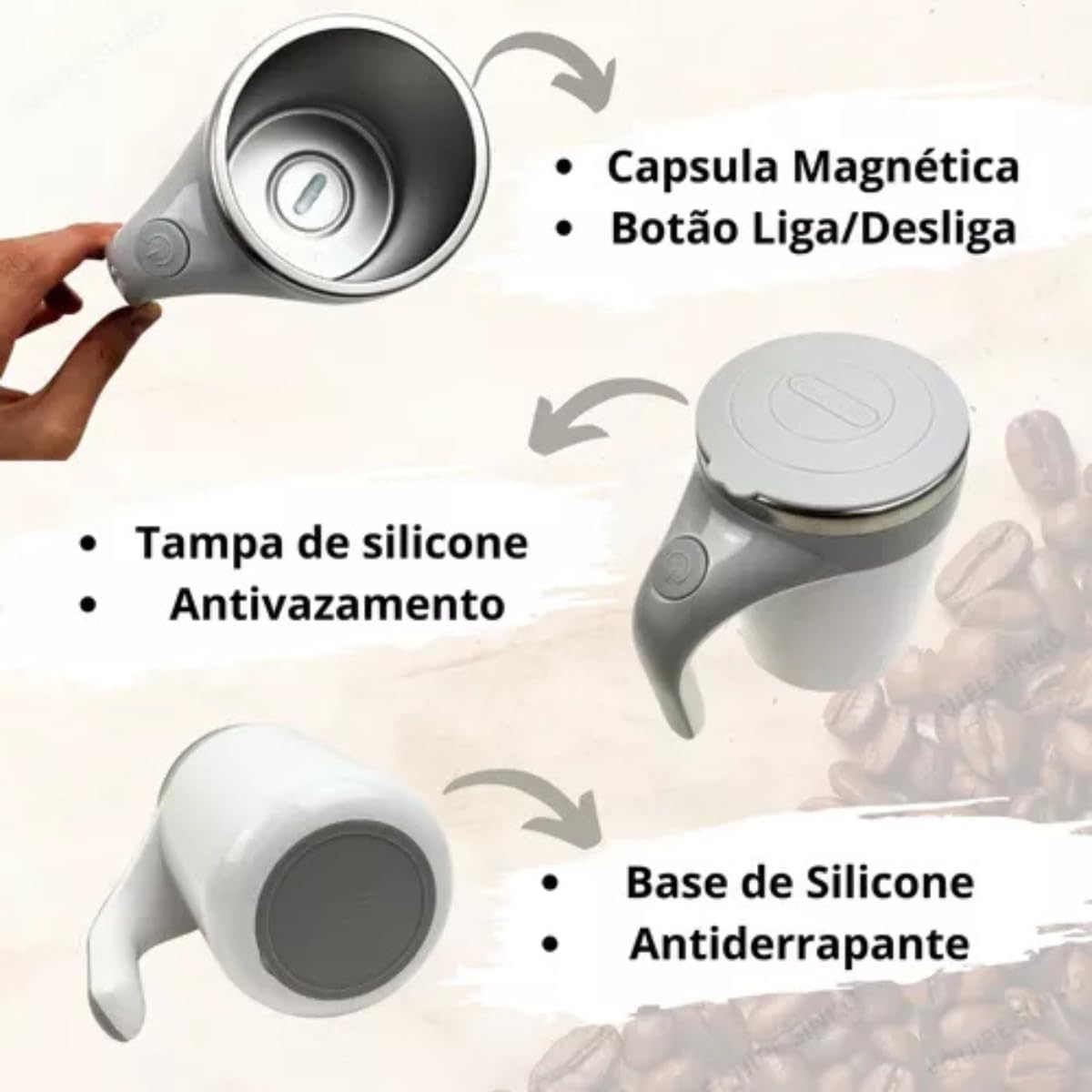 Caneca Mixer Térmica Magnética 380 ml em Inox, Tampa, Mistura Automática para Café e Shake, Recarregável USB ou 2 Pilhas AAA IZE MIX