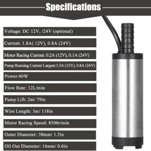 Bomba Submersível 12 V para Diesel, Querosene e Água, Aço Inoxidável, 40 W, Vazão 12 L/min, 38 mm IZEPOWER Bomba Submersível 12 V para Diesel, Querosene e Água, Aço Inoxidável, 40 W, Vazão 12 L/min, 38 mm IZEPOWER