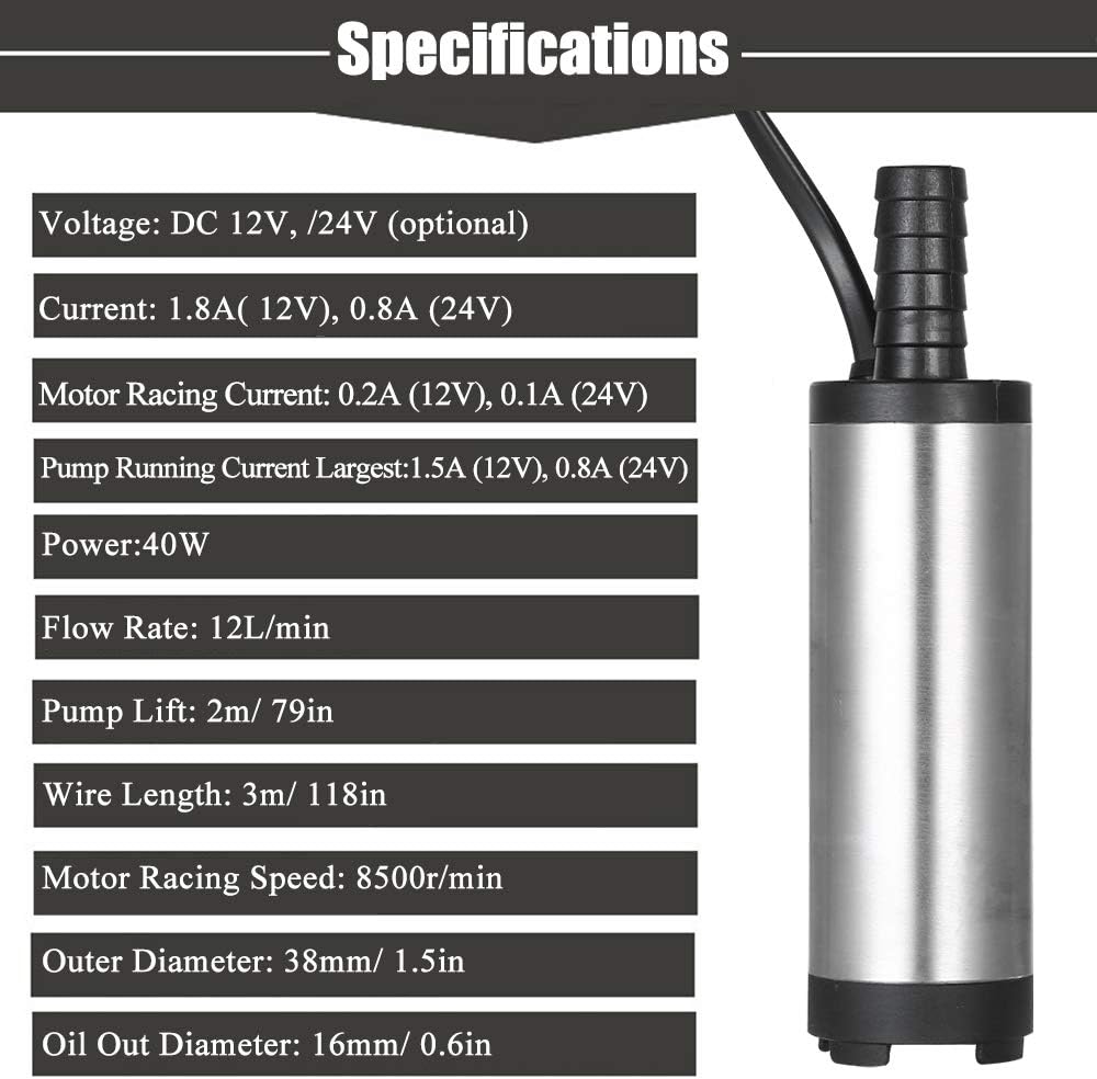 Bomba Submersível 12 V para Diesel, Querosene e Água, Aço Inoxidável, 40 W, Vazão 12 L/min, 38 mm IZEPOWER Bomba Submersível 12 V para Diesel, Querosene e Água, Aço Inoxidável, 40 W, Vazão 12 L/min, 38 mm IZEPOWER