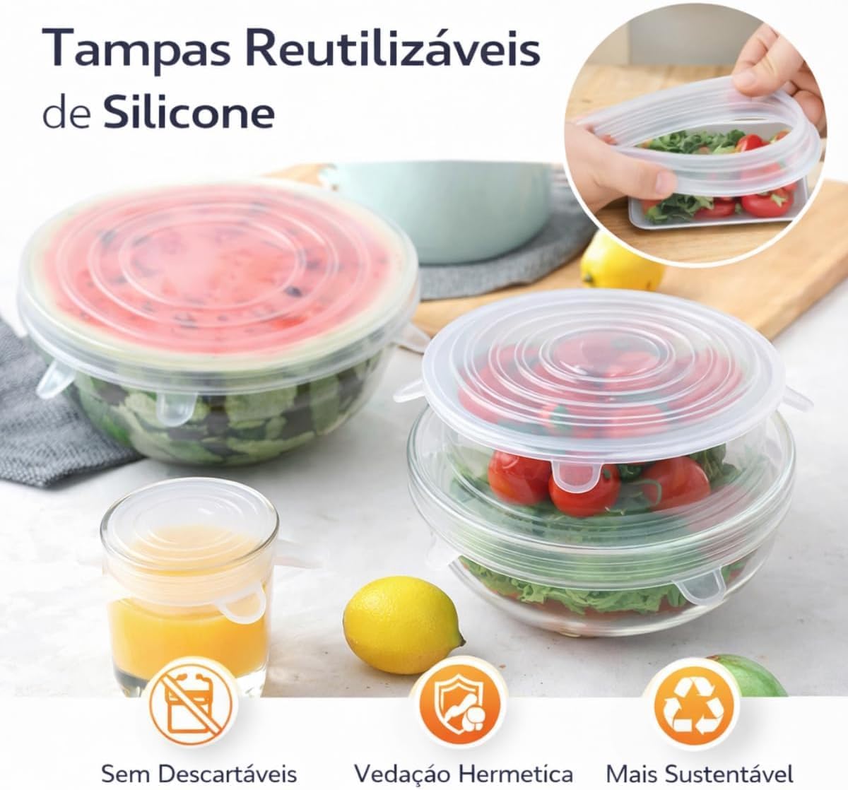 Kit 12 Tampas de Silicone Universal Flexíveis e Herméticas, Livre de BPA, 6 Tamanhos para Potes e Panelas, IZEHOME FLEX IZESHOP Conjunto de 12 tampas flexíveis de silicone em 6 tamanhos para recipientes diversos