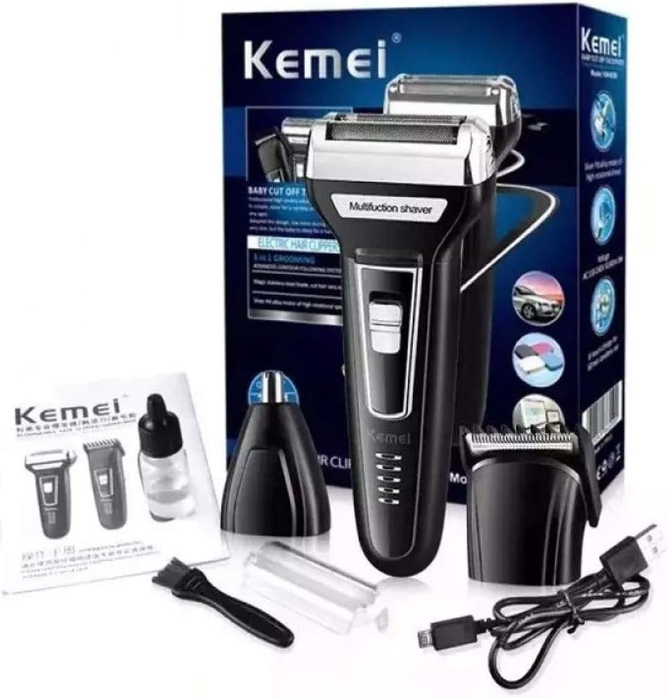 Máquina de Cortar Cabelo Kemei KM-6558 3 em 1 Recarregável Bivolt com Barbeador e Aparador de Pelos do Nariz, Até 60 Minutos de Uso