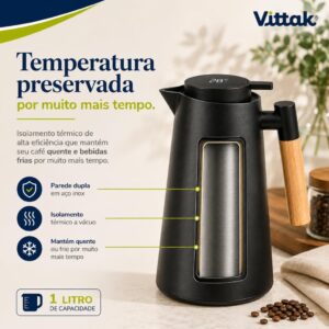 Vittak Garrafa Térmica 1 L com Termômetro Digital LED, Isolamento a Vácuo e Sistema Click para Café e Chá, Preta