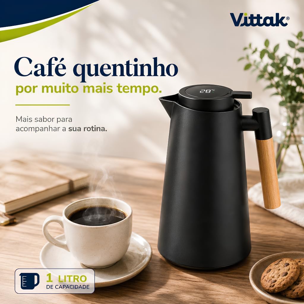 Vittak Garrafa Térmica 1 L com Termômetro Digital LED, Isolamento a Vácuo e Sistema Click para Café e Chá, Preta