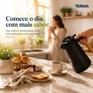 Vittak Garrafa Térmica 1 L com Termômetro Digital LED, Isolamento a Vácuo e Sistema Click para Café e Chá, Preta