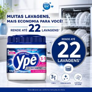 Detergente em Pó Ypê para Lava-Louças 450 g 3 em 1 com Secante, Enzimas e Oxigênio Ativo, Limpa e Controla Odores