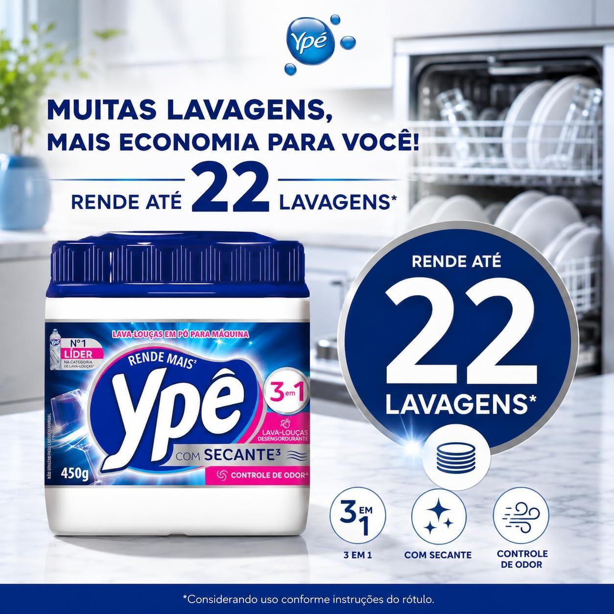 Detergente em Pó Ypê para Lava-Louças 450 g 3 em 1 com Secante, Enzimas e Oxigênio Ativo, Limpa e Controla Odores