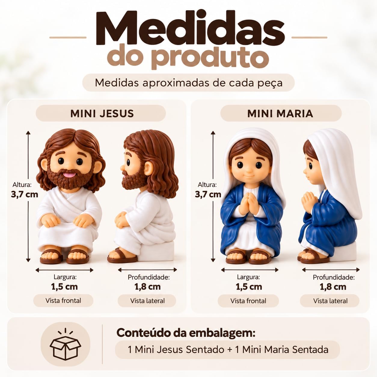 Mini Jesus Sentado Decorativo 3,7 cm em PLA, Roupa Branca e Cabelo Marrom, para Casa ou Trabalho, Presente com Significado IZEHOME