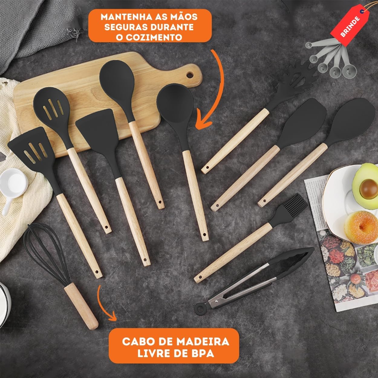 Kit 19 Utensílios de Cozinha em Silicone Preto com Cabo de Madeira, Flexíveis, Resistentes ao Calor e Seguros para Panelas IZECOOK