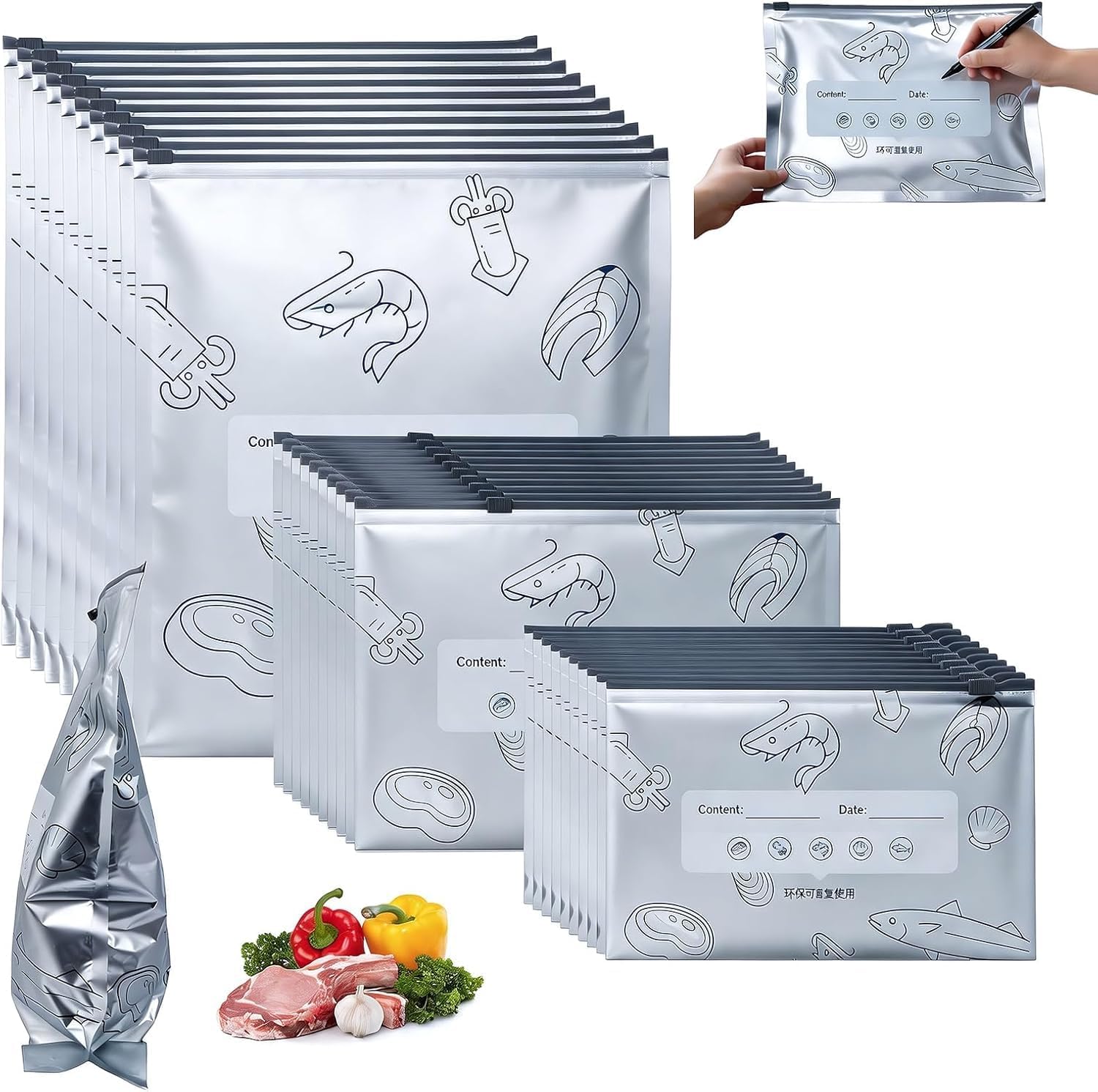 Sacos Reutilizáveis de Alumínio para Alimentos, 40 Peças, Zíper Hermético, 3 Tamanhos, à Prova de Vazamentos IZEFOOD FRESH