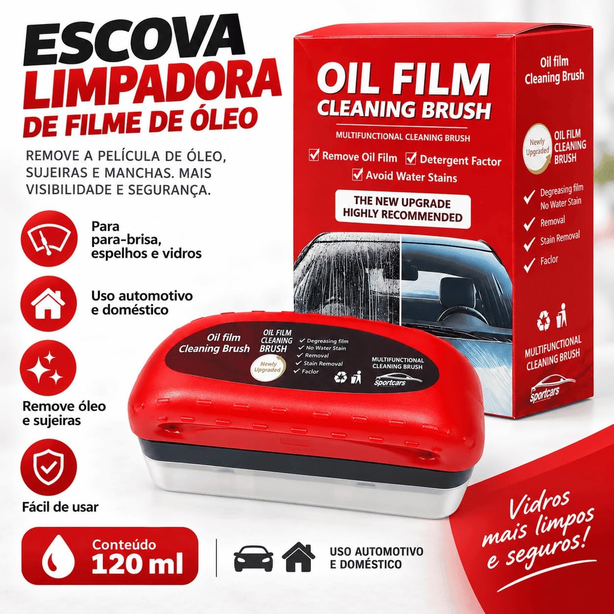 Escova Limpadora de Película de Óleo para Vidros 120 ml com Aplicador e Esponja, Remove Oleosidade e Manchas de Água IZEGLASS CLEAN IZESHOP Aplicação da escova limpadora IZEGLASS CLEAN em vidro automotivo para remover película de óleo