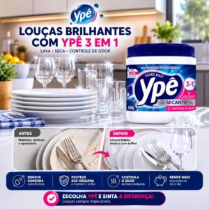 Detergente em Pó Ypê para Lava-Louças 450 g 3 em 1 com Secante, Enzimas e Oxigênio Ativo, Limpa e Controla Odores