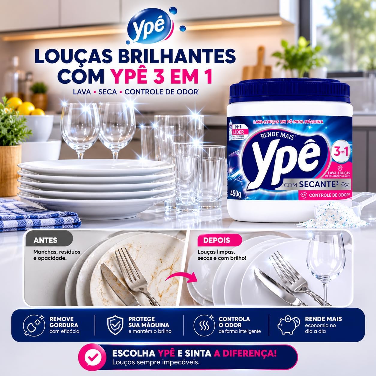 Detergente em Pó Ypê para Lava-Louças 450 g 3 em 1 com Secante, Enzimas e Oxigênio Ativo, Limpa e Controla Odores