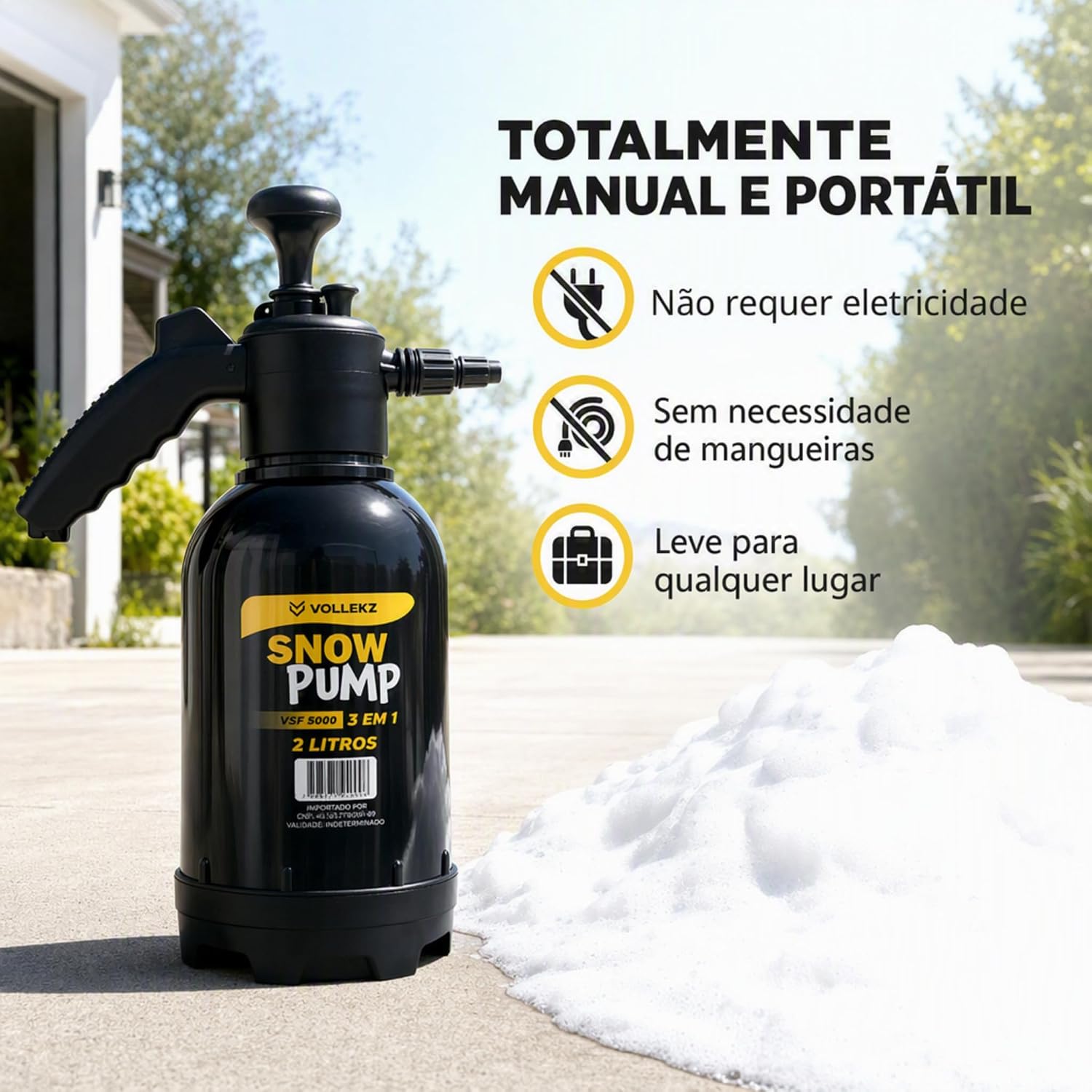 Pulverizador Snow Foam Vollekz 2 L 3 em 1 Portátil com 2 Bicos, Espuma Densa e Vedação Reforçada para Lavagem Automotiva