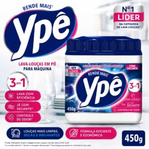 Detergente em Pó Ypê para Lava-Louças 450 g 3 em 1 com Secante, Enzimas e Oxigênio Ativo, Limpa e Controla Odores