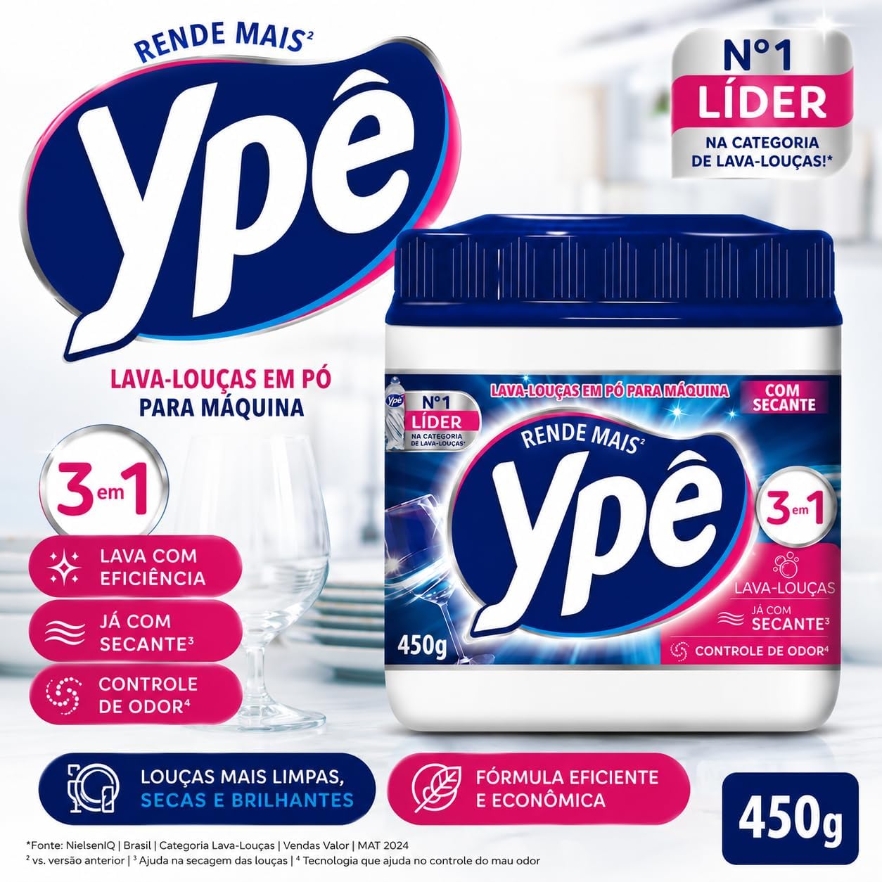 Detergente em Pó Ypê para Lava-Louças 450 g 3 em 1 com Secante, Enzimas e Oxigênio Ativo, Limpa e Controla Odores