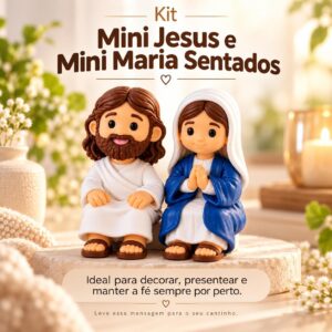 Mini Jesus Sentado Decorativo 3,7 cm em PLA, Roupa Branca e Cabelo Marrom, para Casa ou Trabalho, Presente com Significado IZEHOME