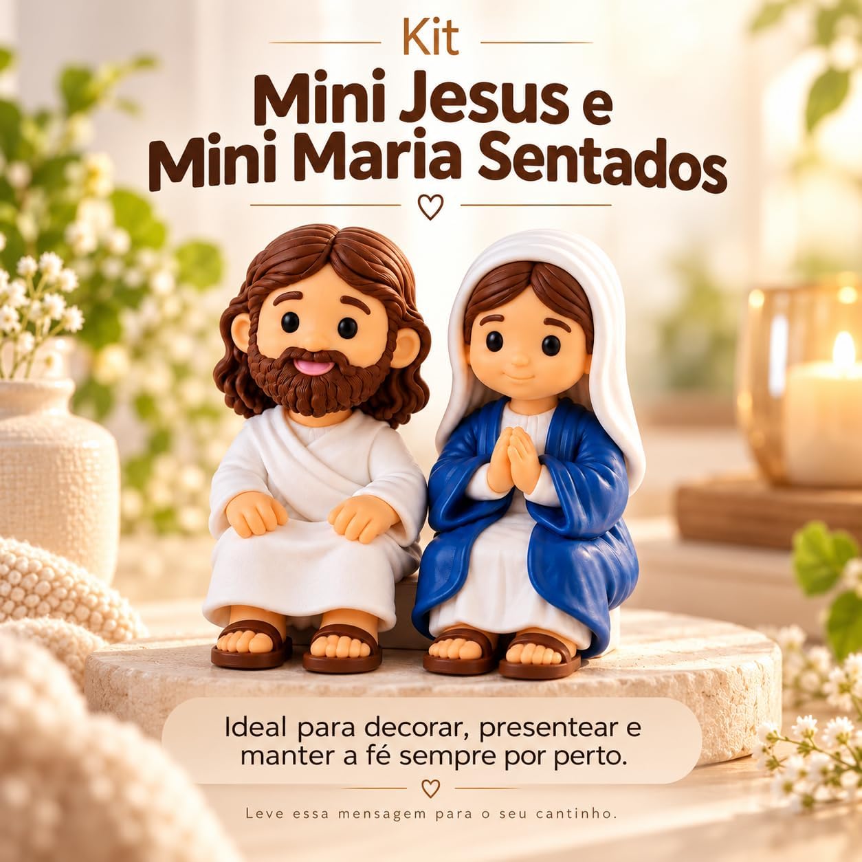 Mini Jesus Sentado Decorativo 3,7 cm em PLA, Roupa Branca e Cabelo Marrom, para Casa ou Trabalho, Presente com Significado IZEHOME