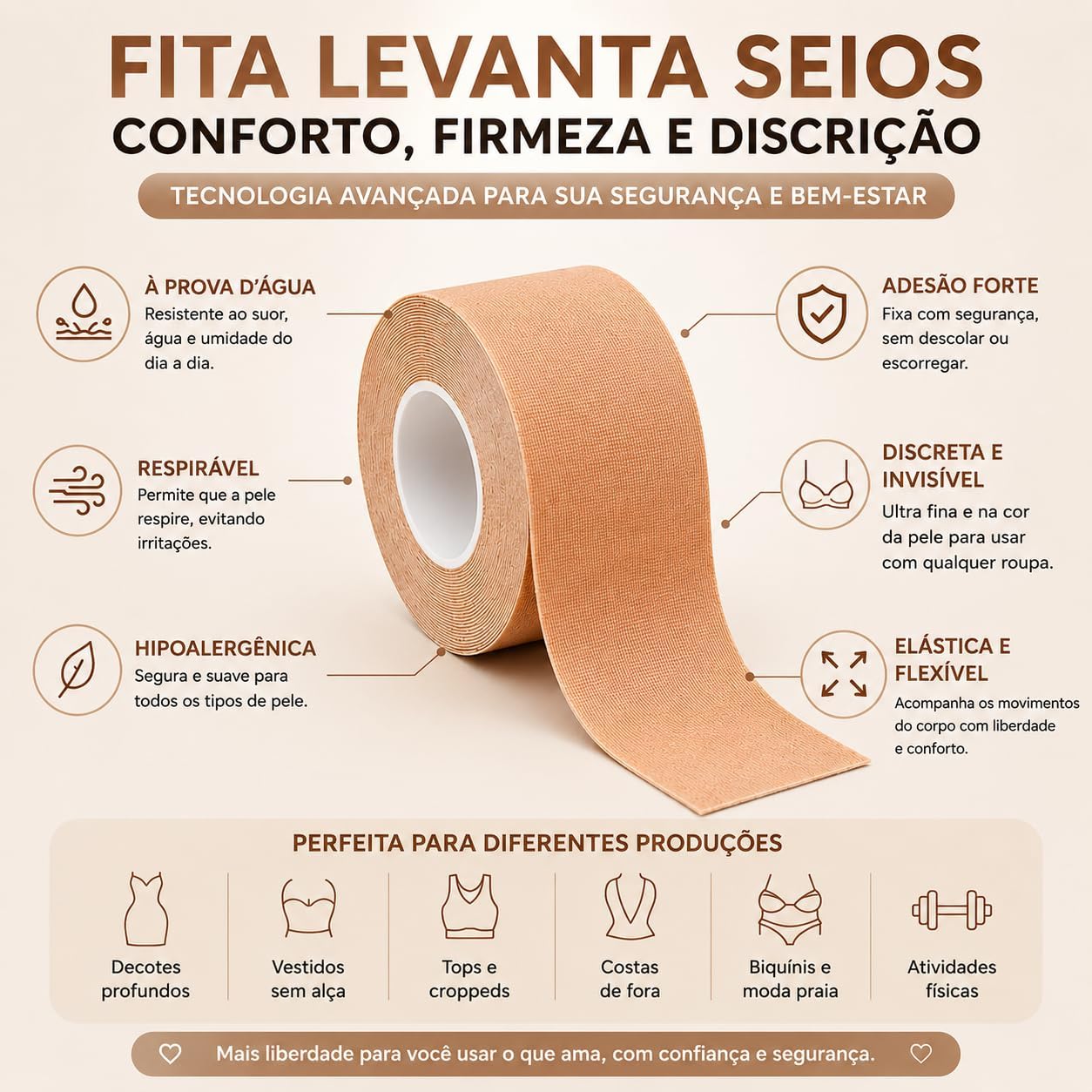 Fita Levanta Seios Adesiva Push Up Hipoalergênica à Prova d’Água, 5 cm x 5 m, para Decotes e Roupas Sem Alça IZECARE
