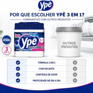 Detergente em Pó Ypê para Lava-Louças 450 g 3 em 1 com Secante, Enzimas e Oxigênio Ativo, Limpa e Controla Odores