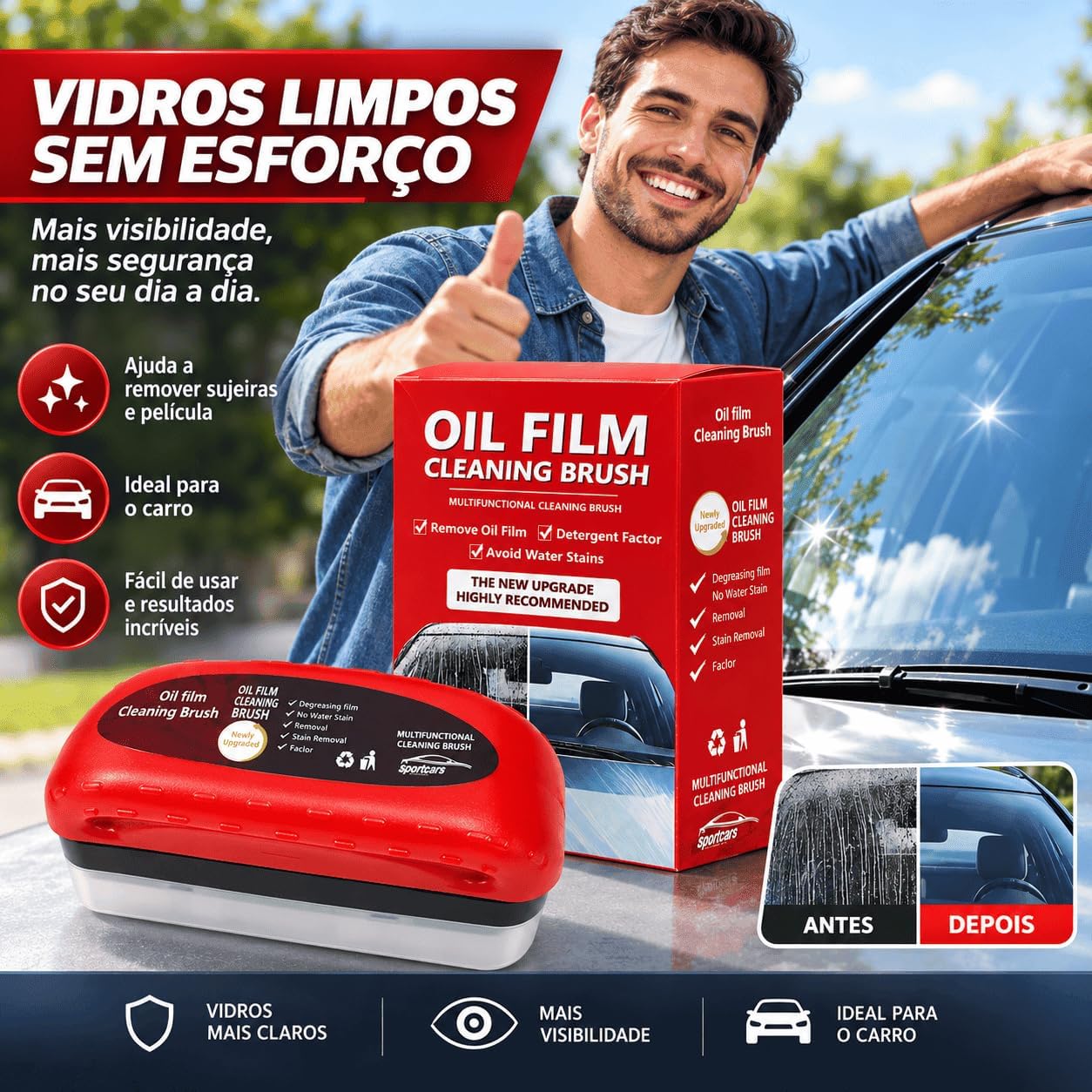Escova Limpadora de Película de Óleo para Vidros 120 ml com Aplicador e Esponja, Remove Oleosidade e Manchas de Água IZEGLASS CLEAN IZESHOP Escova compacta IZEGLASS CLEAN com esponja aplicadora para limpar vidros com praticidade